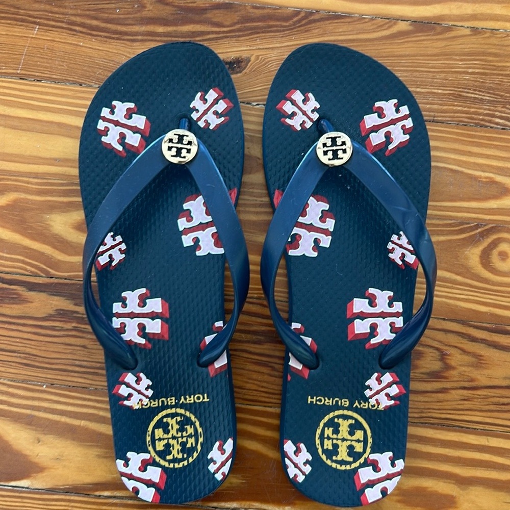 Tory Burch Black Flip Flops with Red Logo
